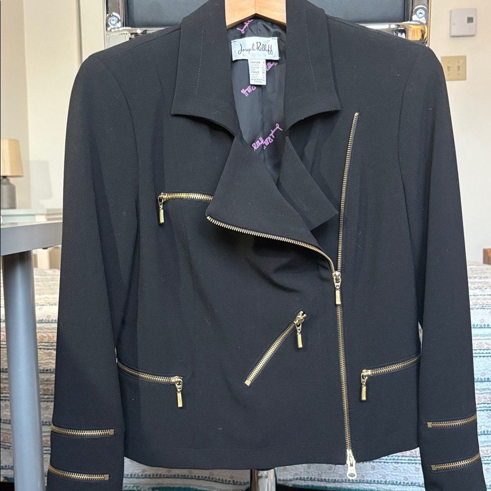 Joseph Ribkoff Black Asymmetrical Zip Blazer with Gold Zippers - Picture 2 of 6